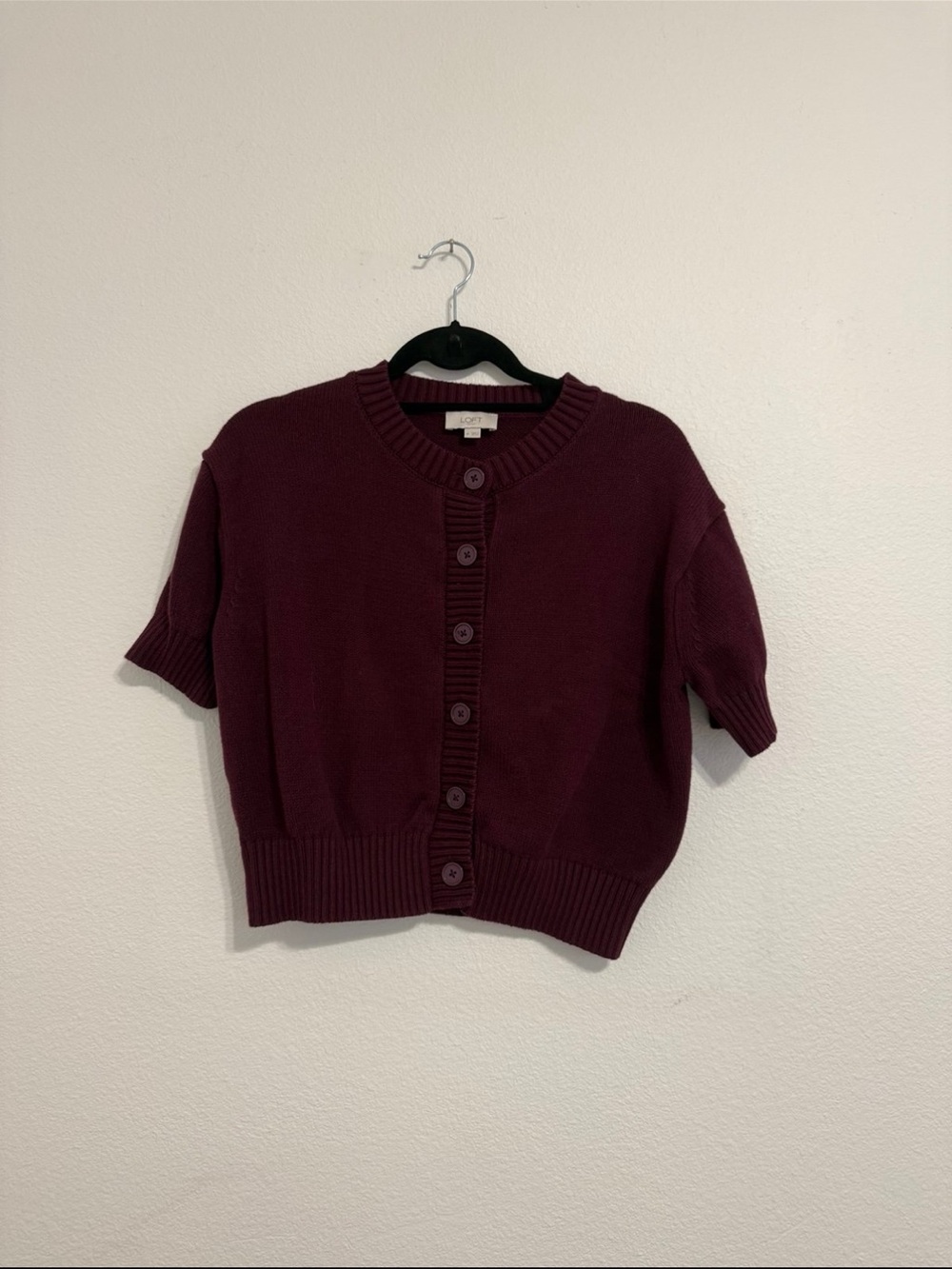 LOFT Short-Sleeve Button Cardigan - Wine